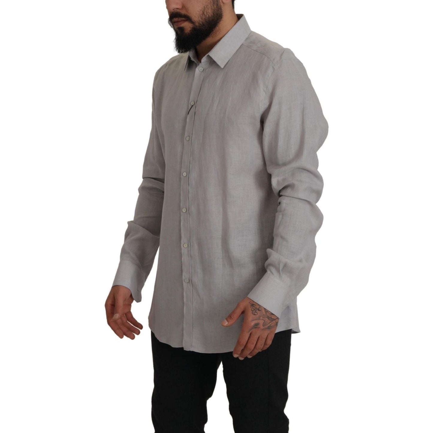 Dolce & Gabbana Gray Linen Long Sleeves Formal GOLD Shirt TSH7992- 43