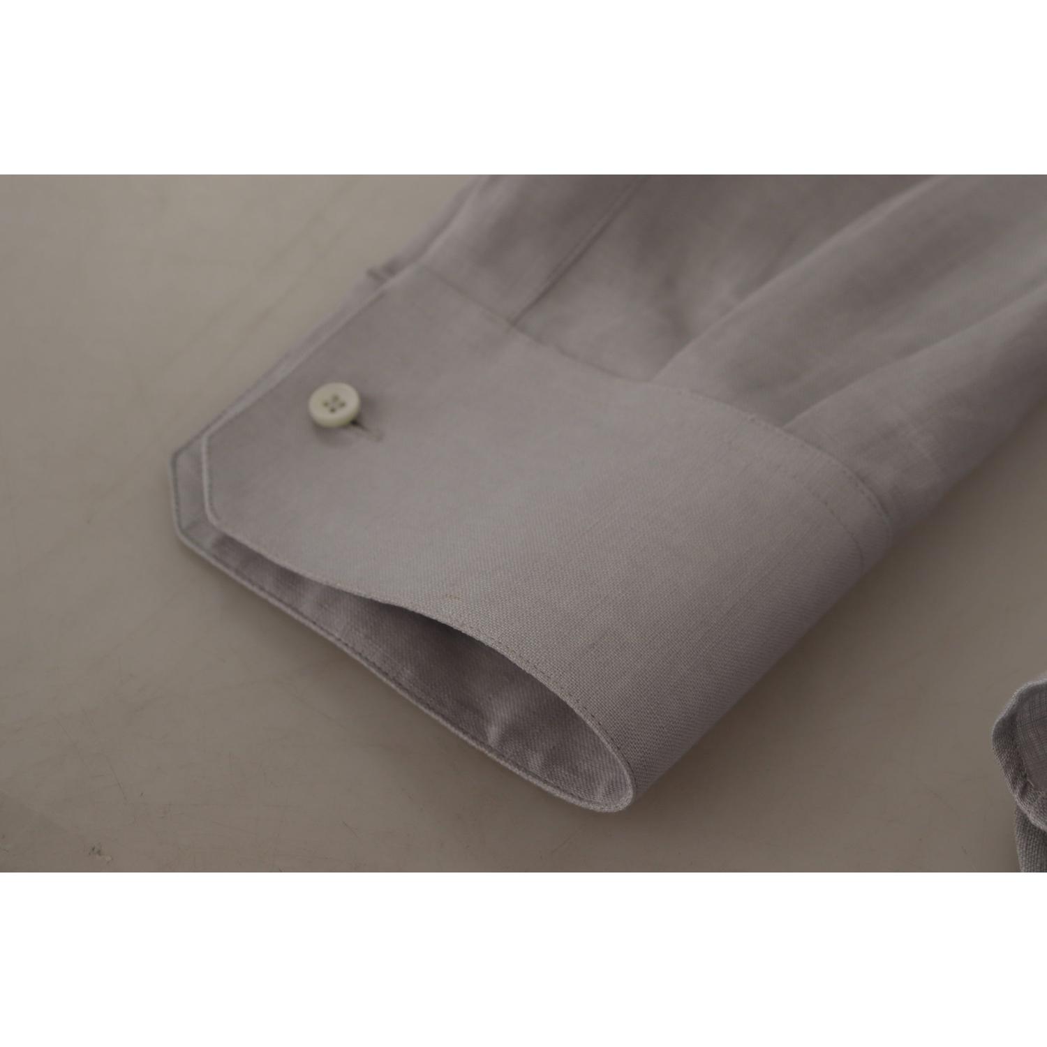 Dolce & Gabbana Gray Linen Long Sleeves Formal GOLD Shirt