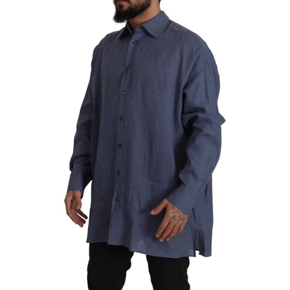 Dolce & Gabbana Dark Blue Linen Slim Fit Dress Formal Men Shirt