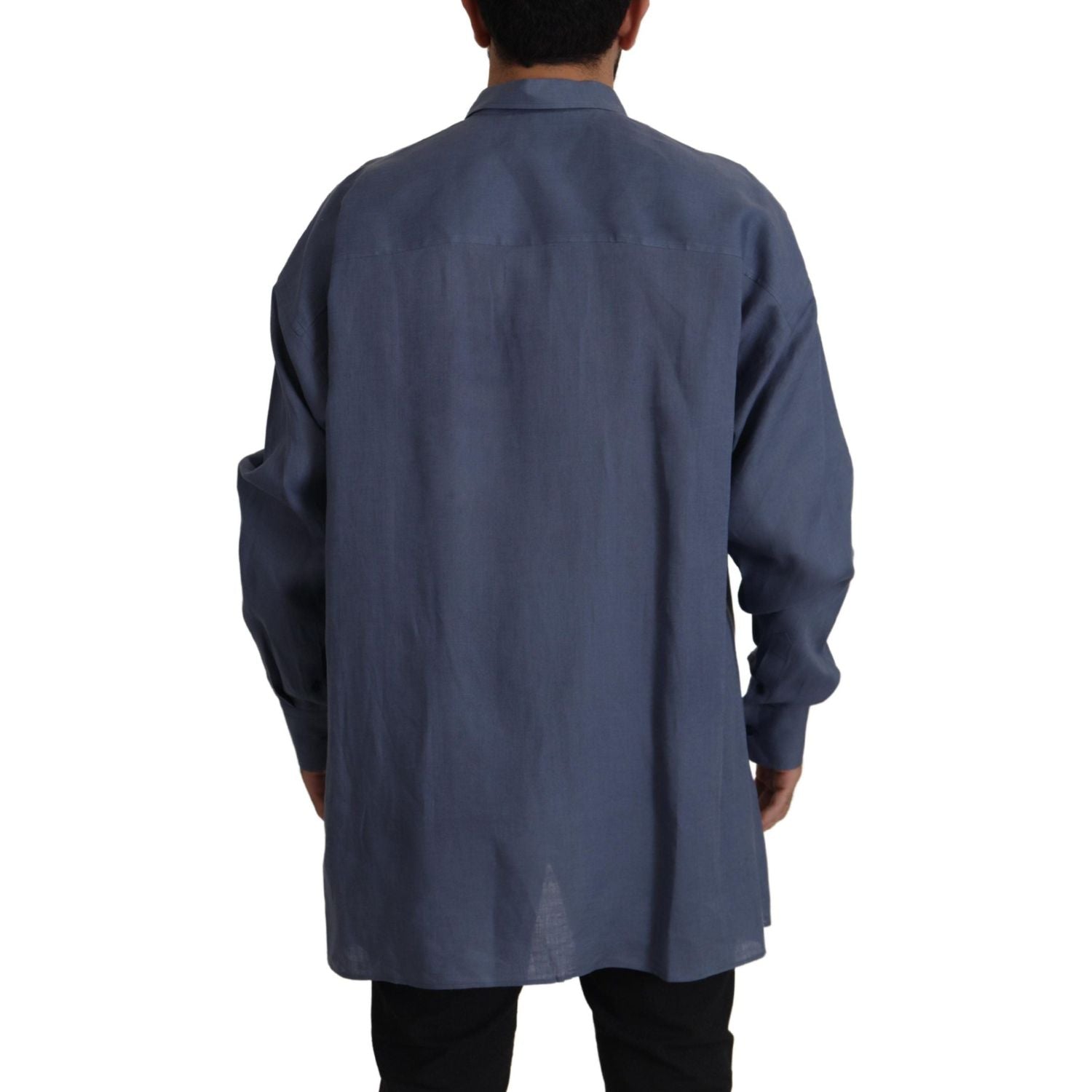 Dolce & Gabbana Dark Blue Linen Slim Fit Dress Formal Men Shirt