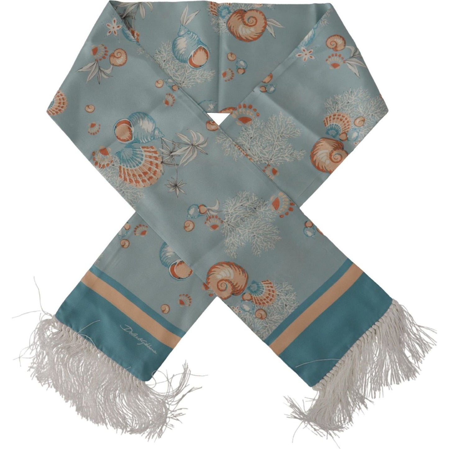 Dolce & Gabbana Blue Silk Shiny Shell-Print Neck Wrap Fringed Scarf MS6134
