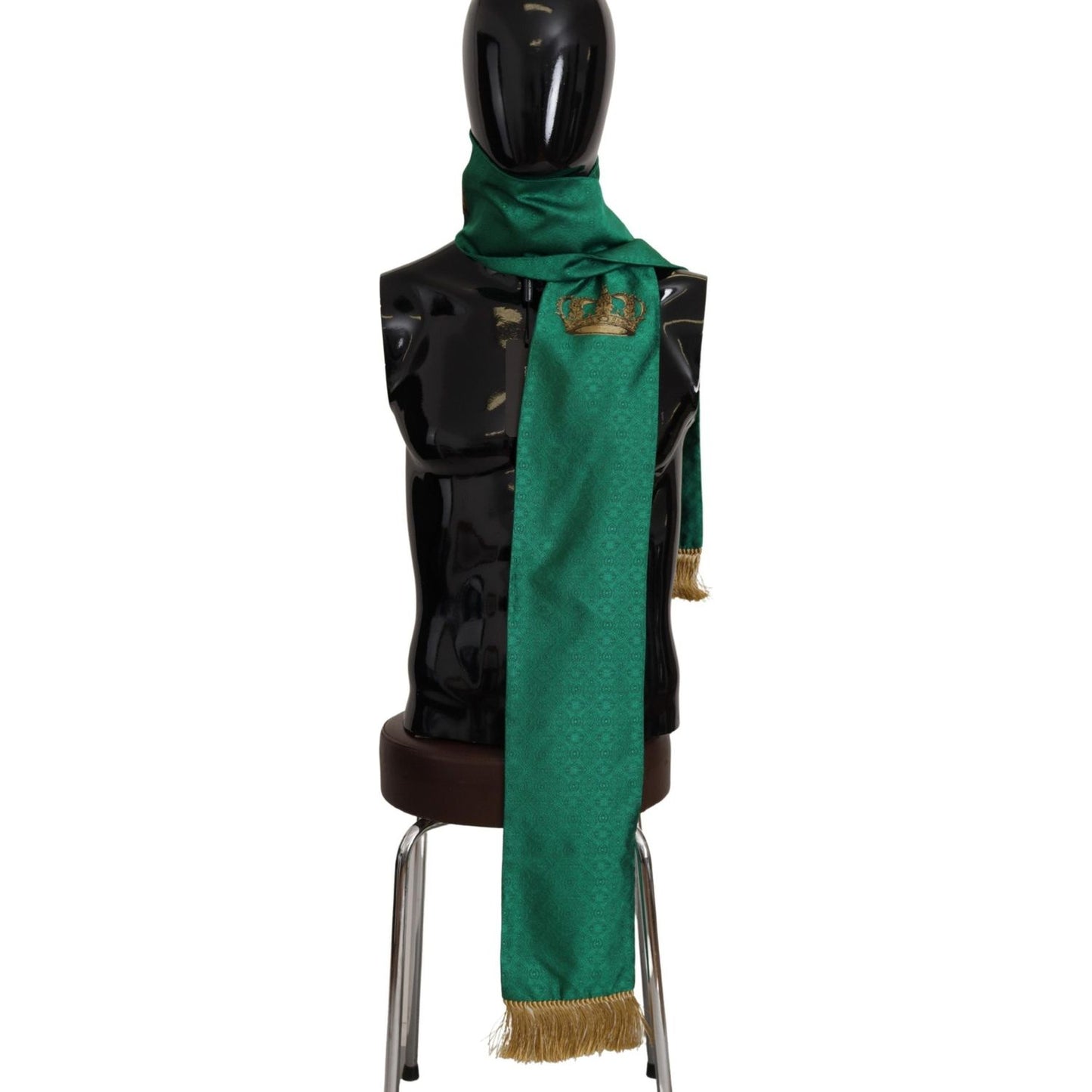 Dolce & Gabbana Green Crown Embroidered Shawl Fringe Blend Silk MS6205