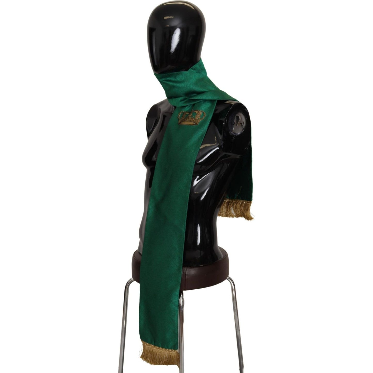 Dolce & Gabbana Green Crown Embroidered Shawl Fringe Blend Silk MS6205