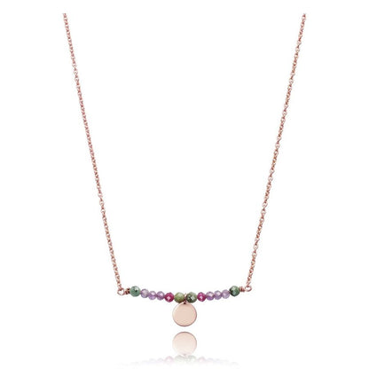 Elegant necklace with colorful beads and round pendant on a delicate chain, showcased on a white background.