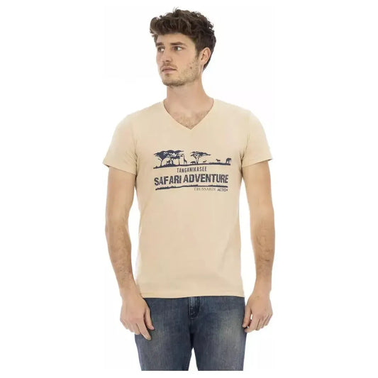 Trussardi Action Beige Cotton Men V-Neck T-Shirt TR-22824-M