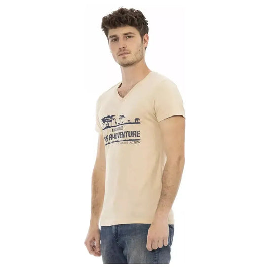 Trussardi Action Beige Cotton Men V-Neck T-Shirt TR-22824-M