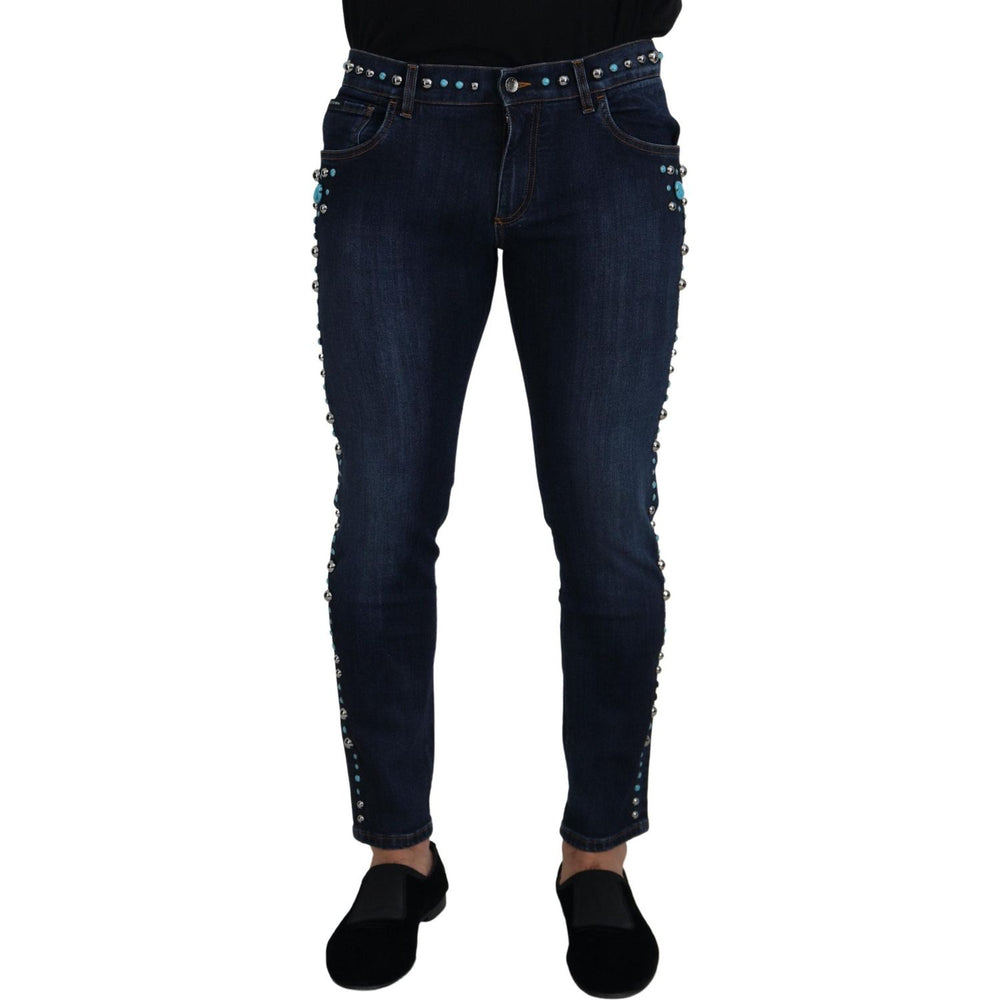 Dolce & Gabbana Blue Cotton Studded Low Waist Denim Jeans PAN73315 - 48
