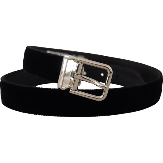 Dolce & Gabbana Black Velvet Silver Tone Metal Logo Buckle Belt BEL8433 - 80