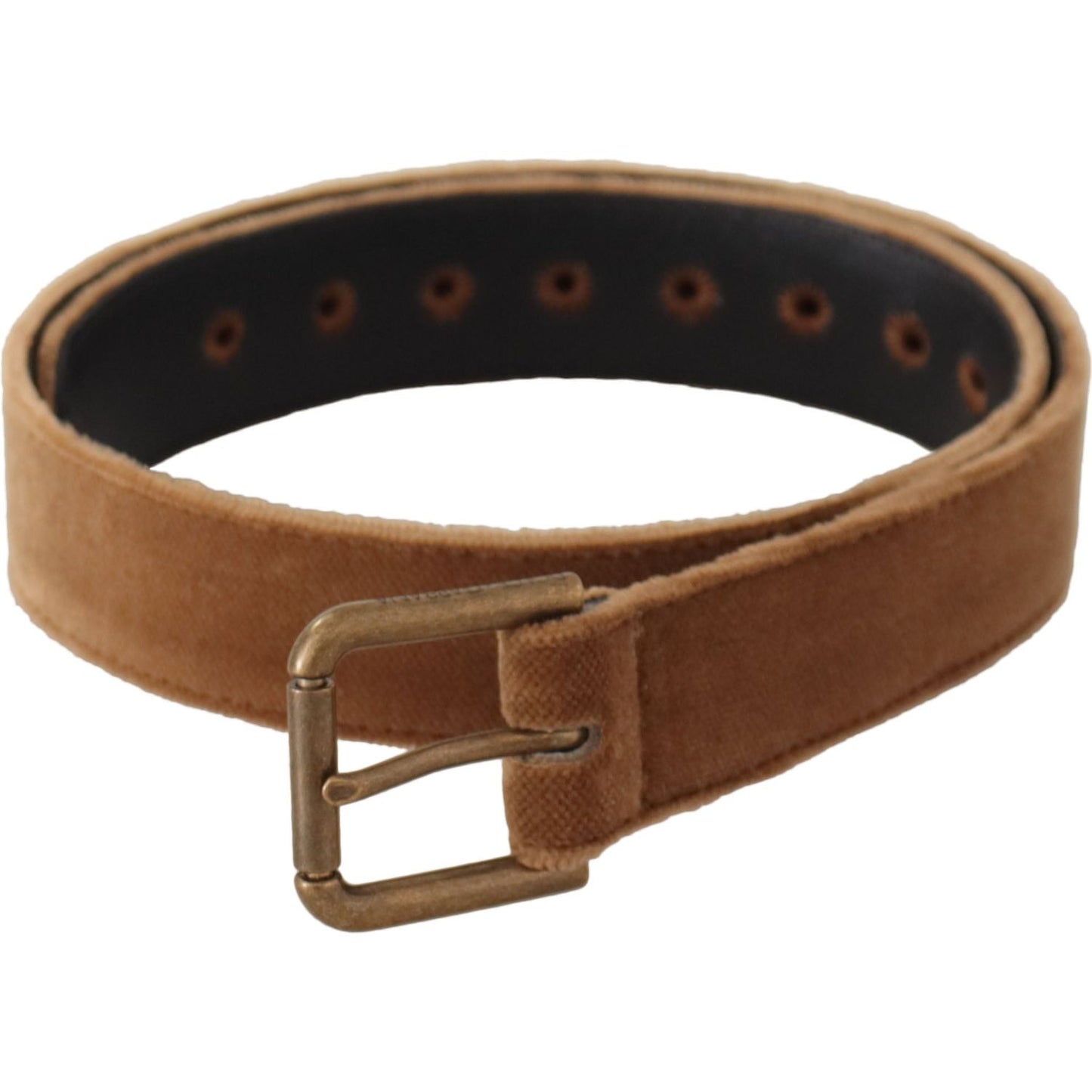 Dolce & Gabbana Brown Velvet Bronze Vintage Logo Metal Buckle Belt BEL8665 - 65