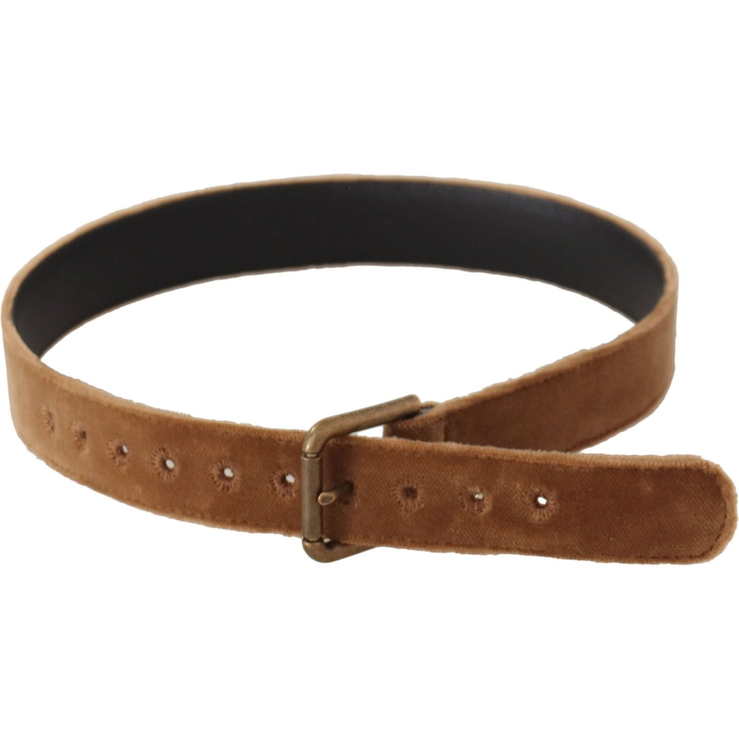 Dolce & Gabbana Brown Velvet Bronze Vintage Logo Metal Buckle Belt BEL8665 - 65