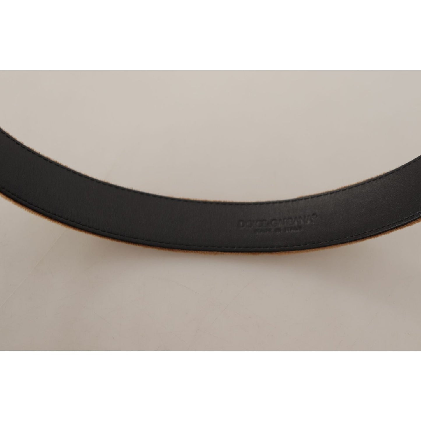 Dolce & Gabbana Brown Velvet Bronze Vintage Logo Metal Buckle Belt BEL8665 - 65