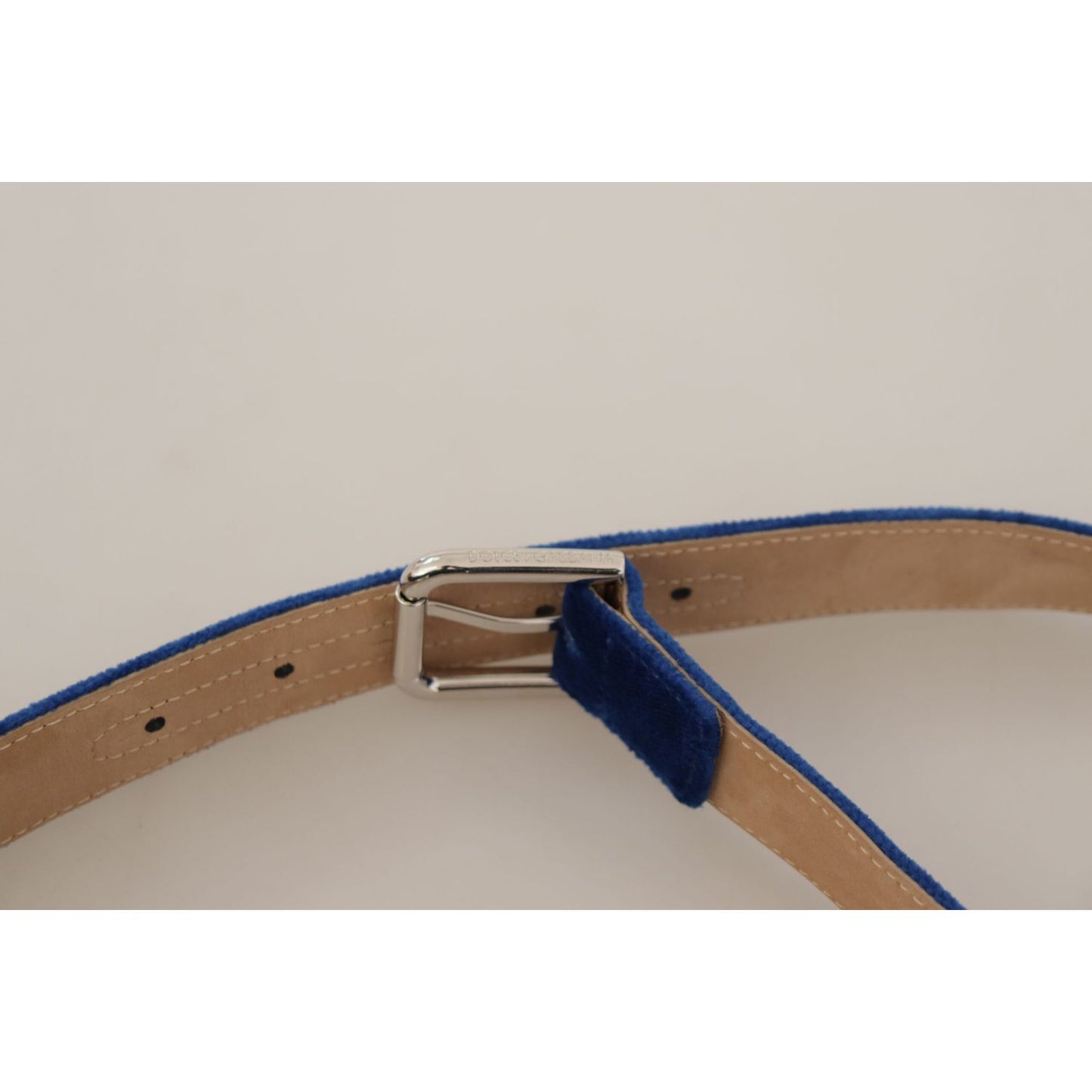 Dolce & Gabbana Blue Velvet Silver Logo Engraved Metal Buckle Belt BEL8668 - 75