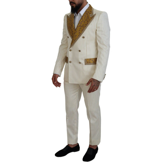 Dolce & Gabbana Off White Gold Striped Tuxedo Slim Fit Suit KOS2116- 46