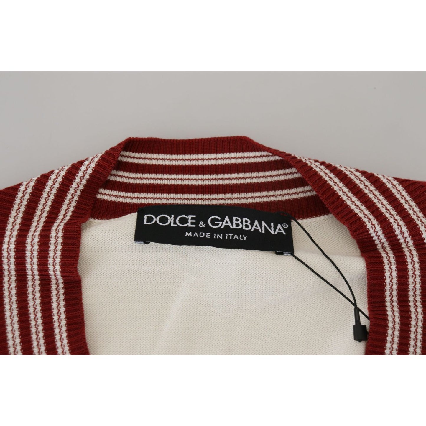 Dolce & Gabbana White Red Knitted V-neck Pullover Sweater TSH83751-46