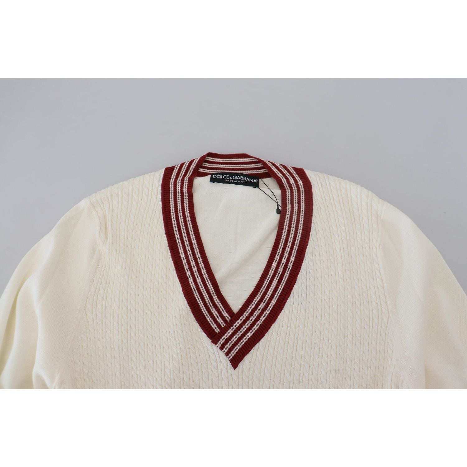 Dolce & Gabbana White Red Knitted V-neck Pullover Sweater