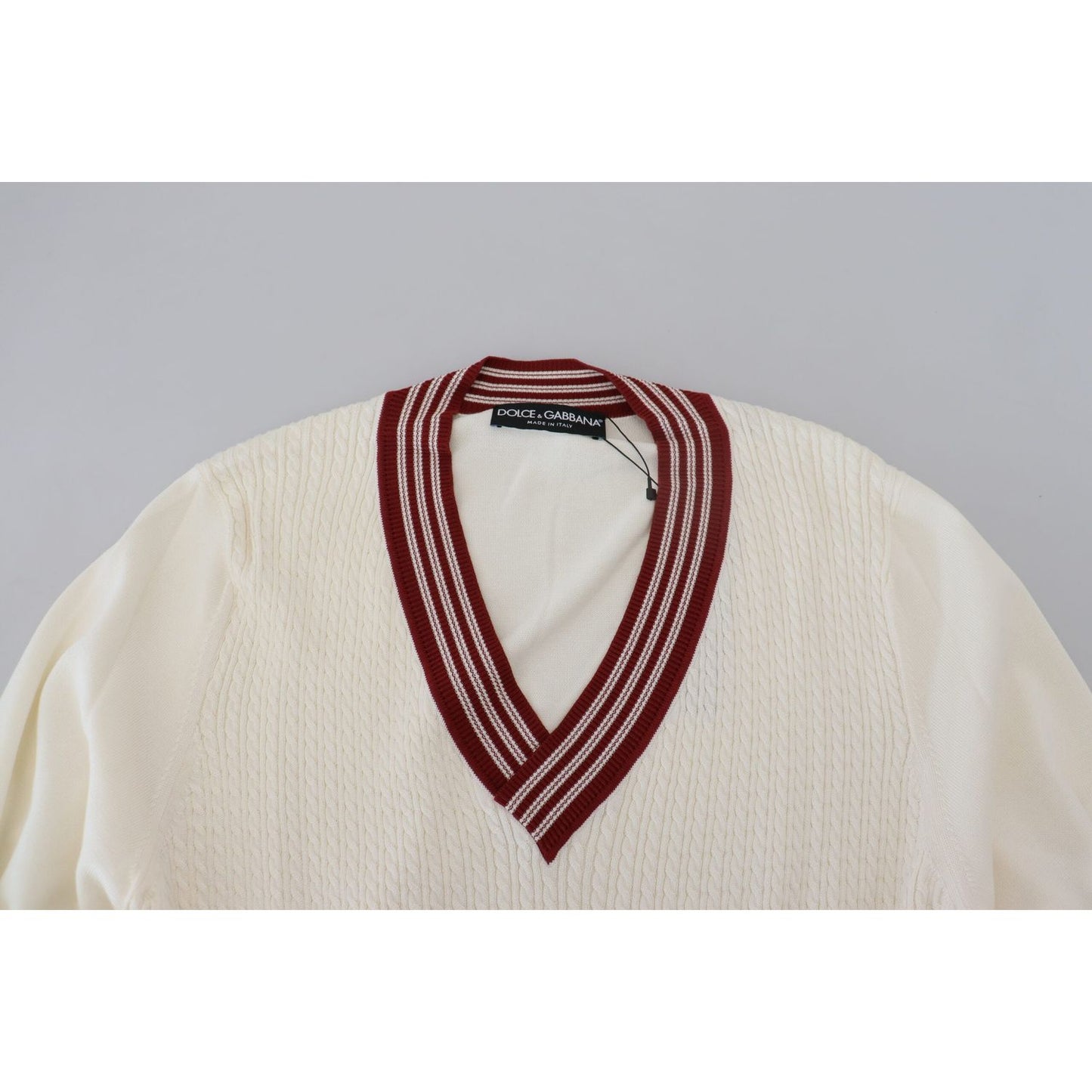 Dolce & Gabbana White Red Knitted V-neck Pullover Sweater TSH83751-46