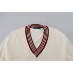 Dolce & Gabbana White Red Knitted V-neck Pullover Sweater TSH83751-46