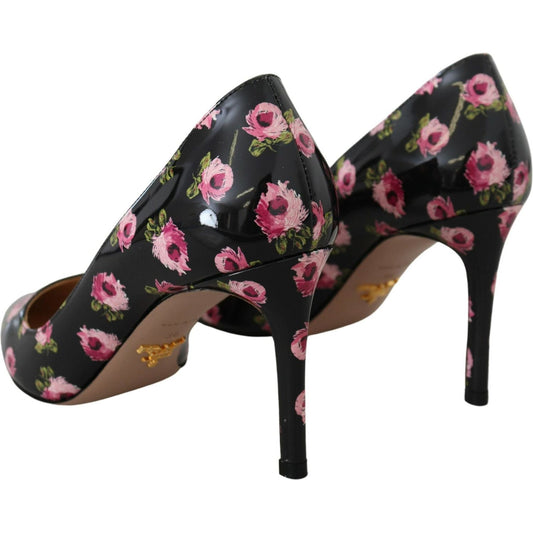 Prada Black Leather Floral Heels Stilettos Pumps LA10138-39.5