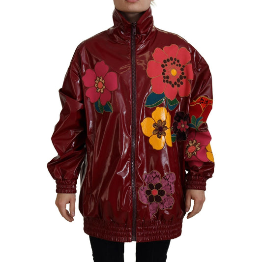 Dolce & Gabbana Maroon Floral Full Zip Polyester Women Jacket JKT3578- 40