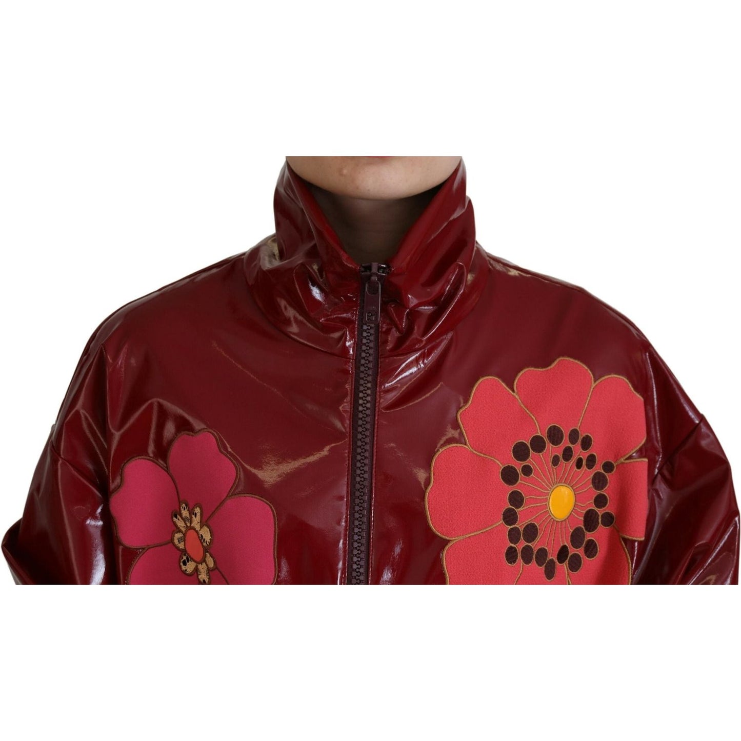 Dolce & Gabbana Maroon Floral Full Zip Polyester Women Jacket JKT3578- 40