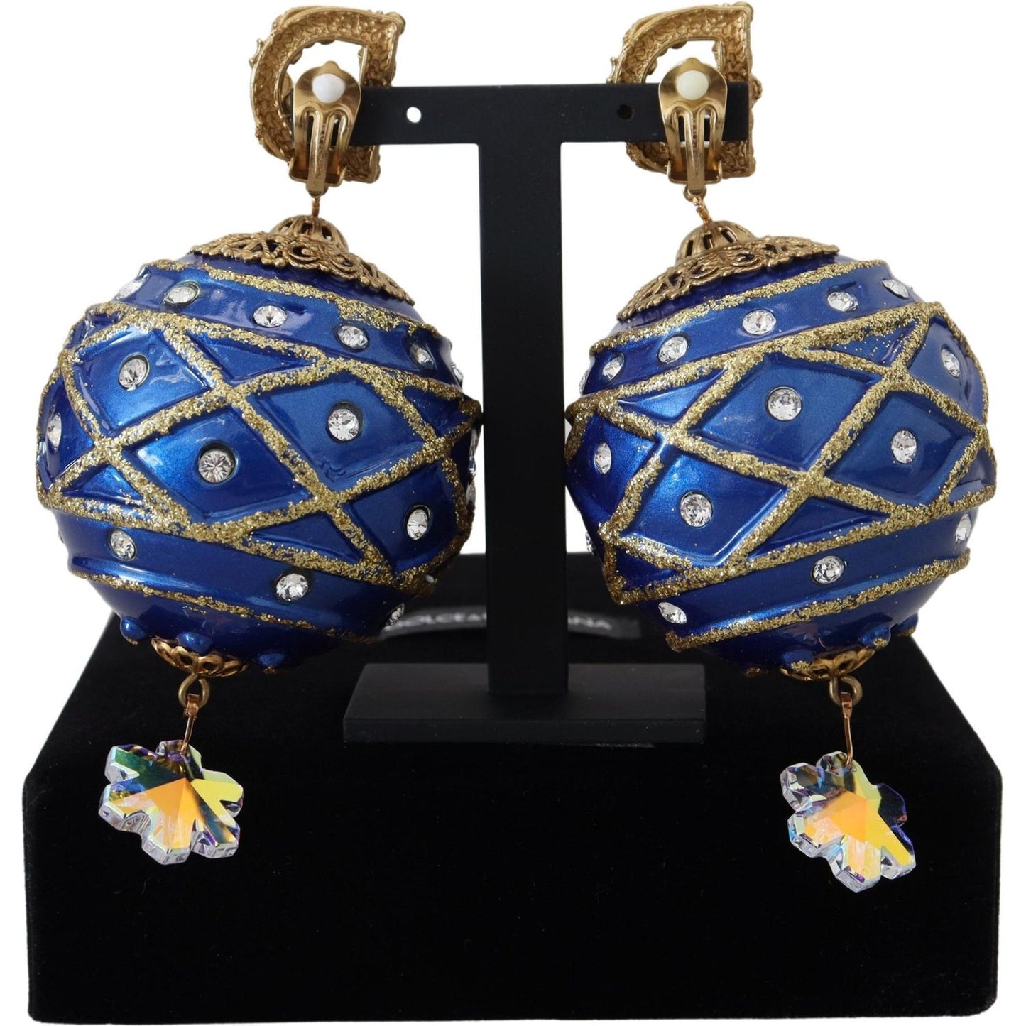 Dolce & Gabbana Gold Brass Blue Dangle Ball Crystal Clip On Earrings SMY101098 | SMY100779