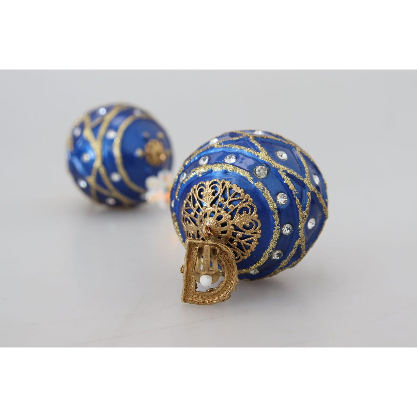 Dolce & Gabbana Gold Brass Blue Dangle Ball Crystal Clip On Earrings SMY101098 | SMY100779