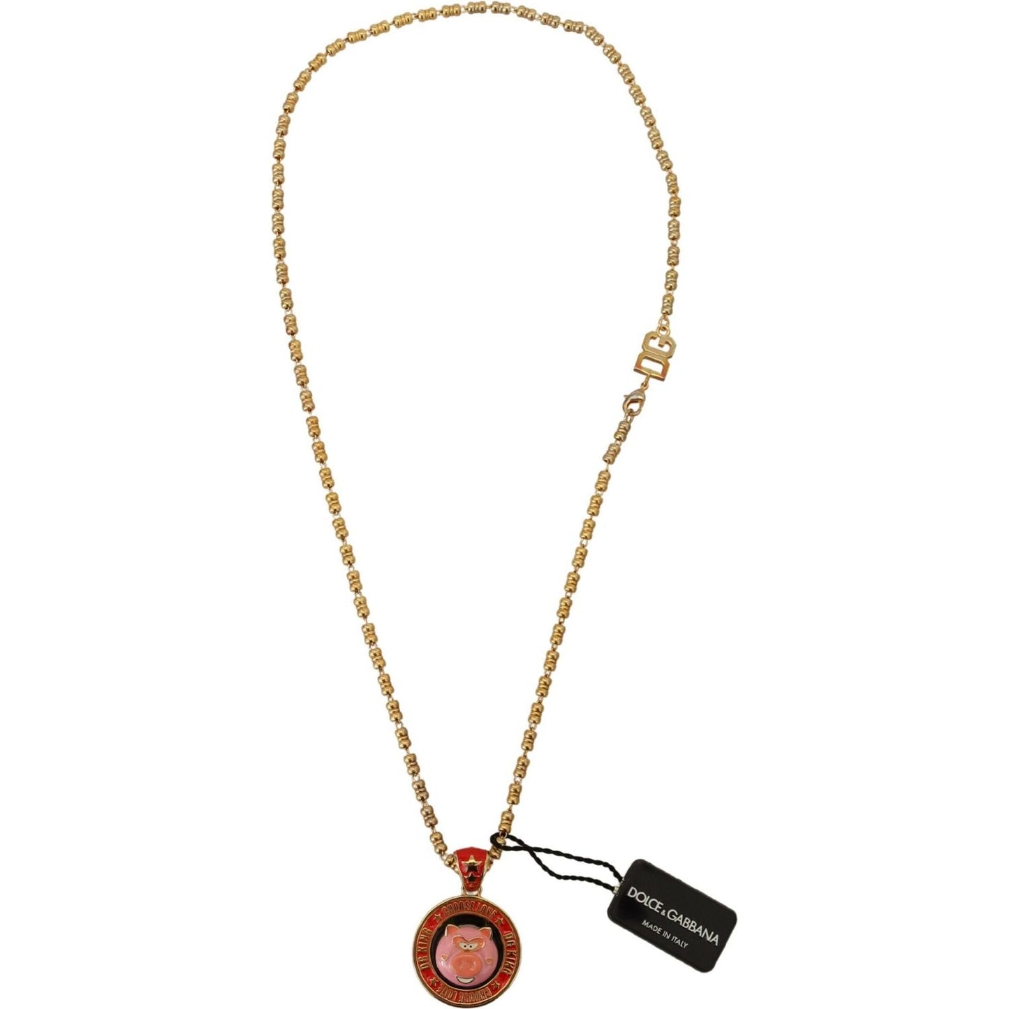 Dolce & Gabbana Gold Brass Chain SUPER PIG Pendant Logo Necklace SMY101046