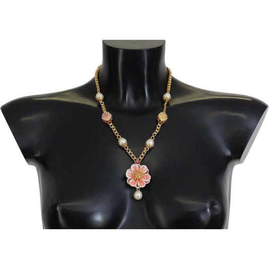 Dolce & Gabbana Gold Tone Floral Crystals Pink Embellished Necklace SMY101069