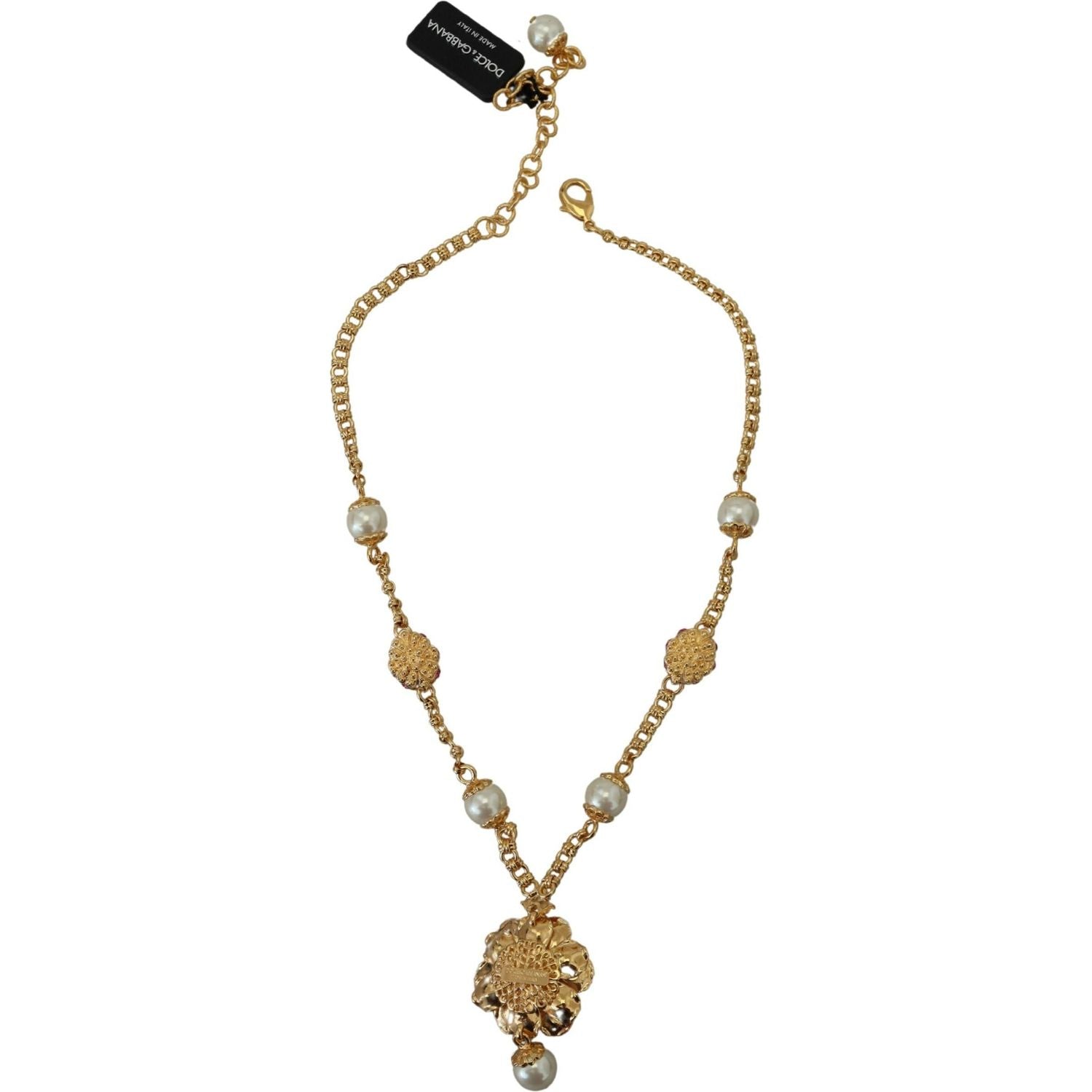 Dolce & Gabbana Gold Tone Floral Crystals Pink Embellished Necklace