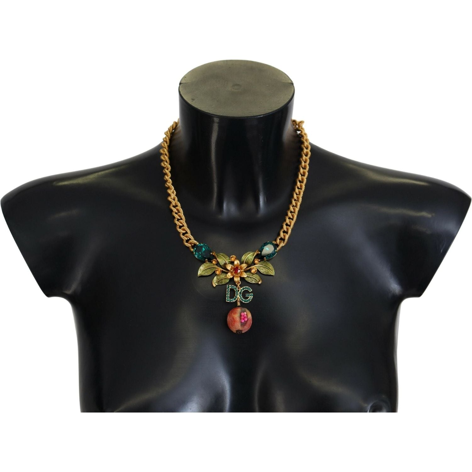 Dolce & Gabbana Gold Brass Crystal Logo Fruit Floral Statement Necklace