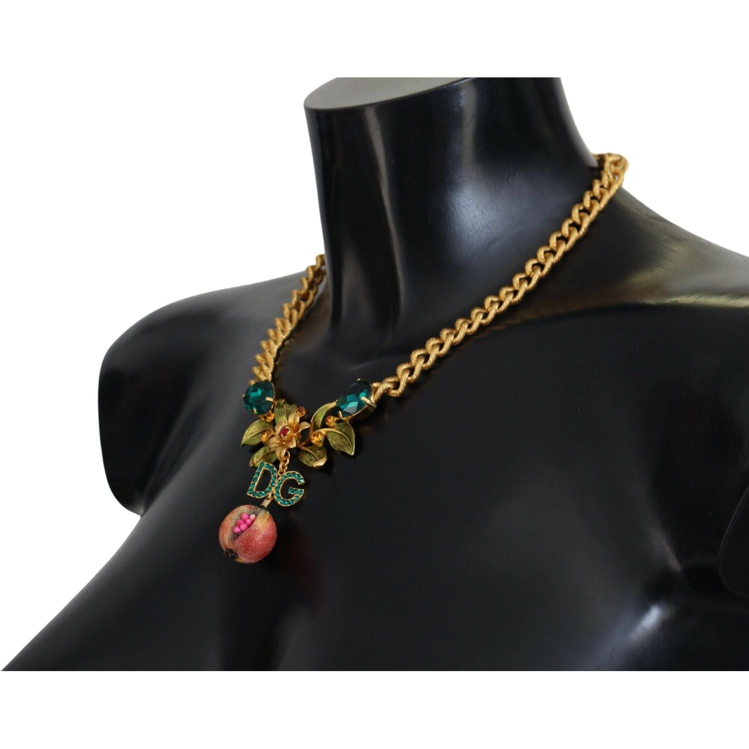Dolce & Gabbana Gold Brass Crystal Logo Fruit Floral Statement Necklace