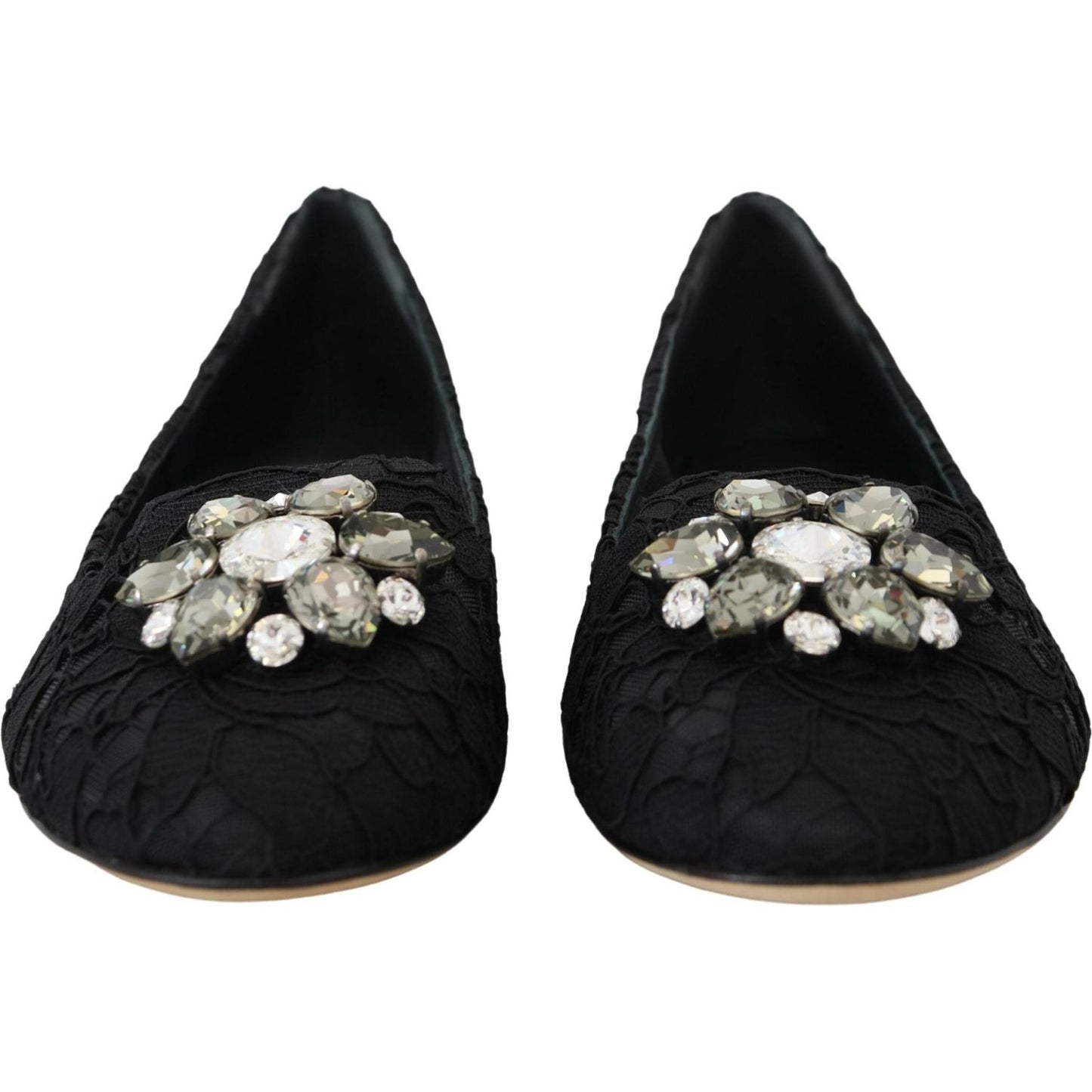 Dolce & Gabbana Black Taormina Lace Crystals Flats Shoes LA10200-35