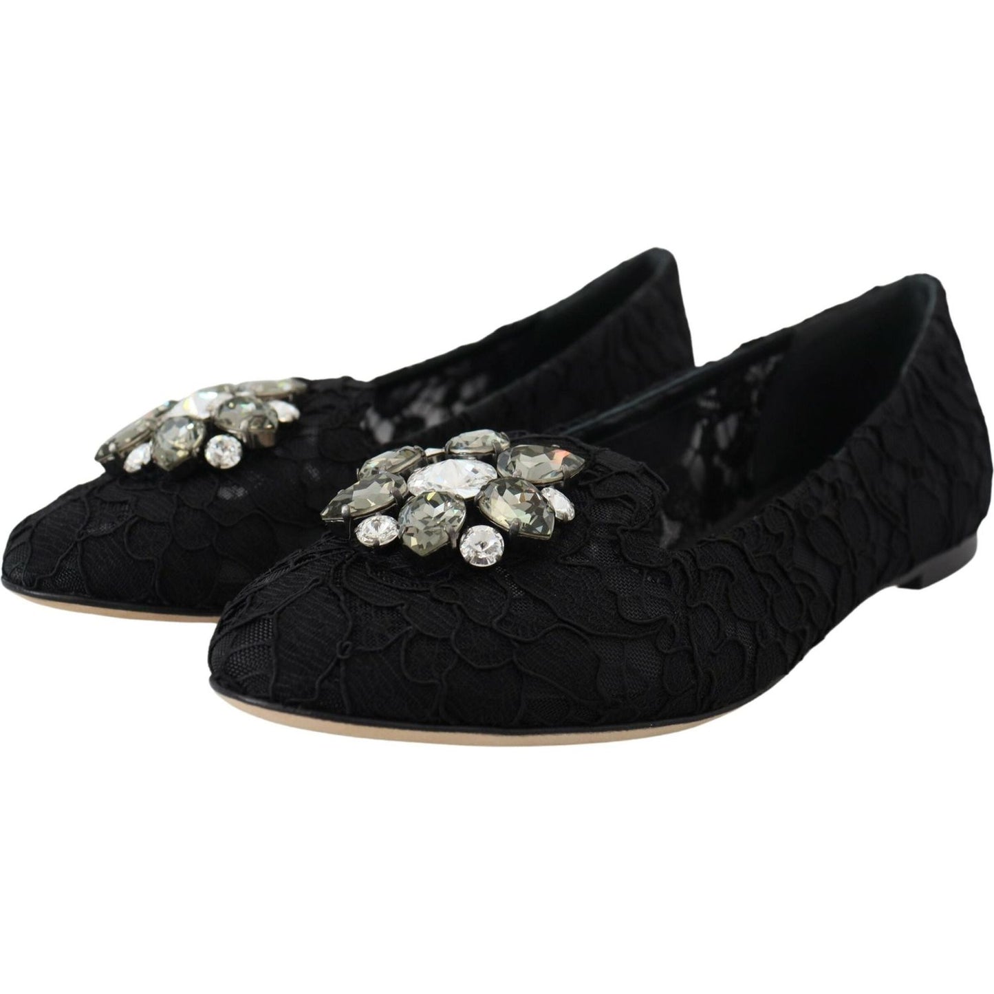 Dolce & Gabbana Black Taormina Lace Crystals Flats Shoes LA10200-35