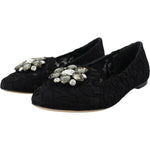 Dolce & Gabbana Black Taormina Lace Crystals Flats Shoes LA10200-35
