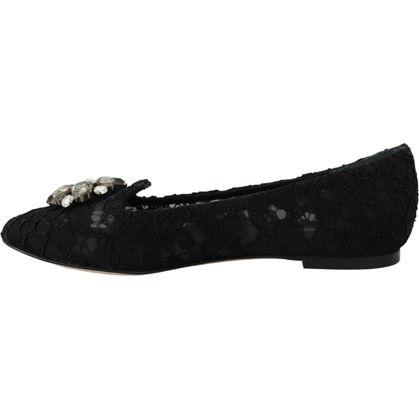 Dolce & Gabbana Black Taormina Lace Crystals Flats Shoes LA10200-35