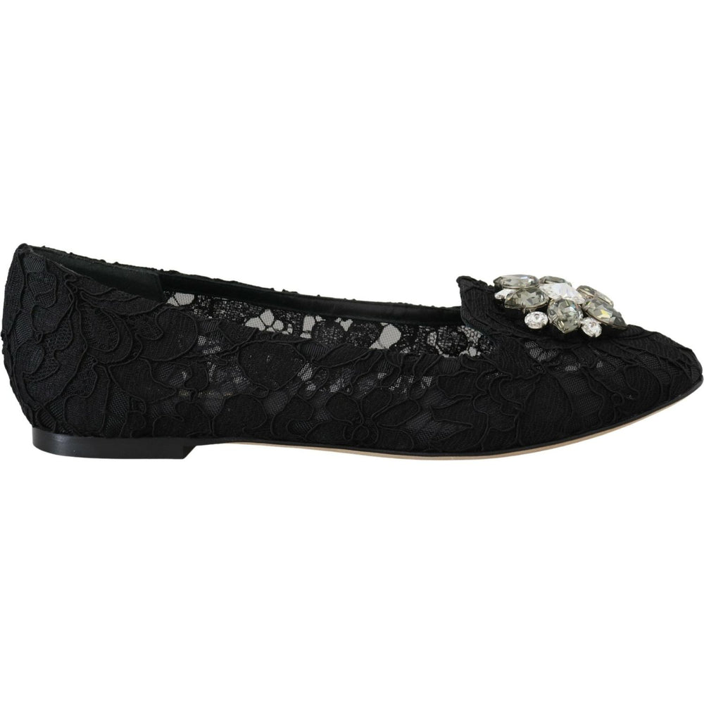 Dolce & Gabbana Black Taormina Lace Crystals Flats Shoes LA10200-35