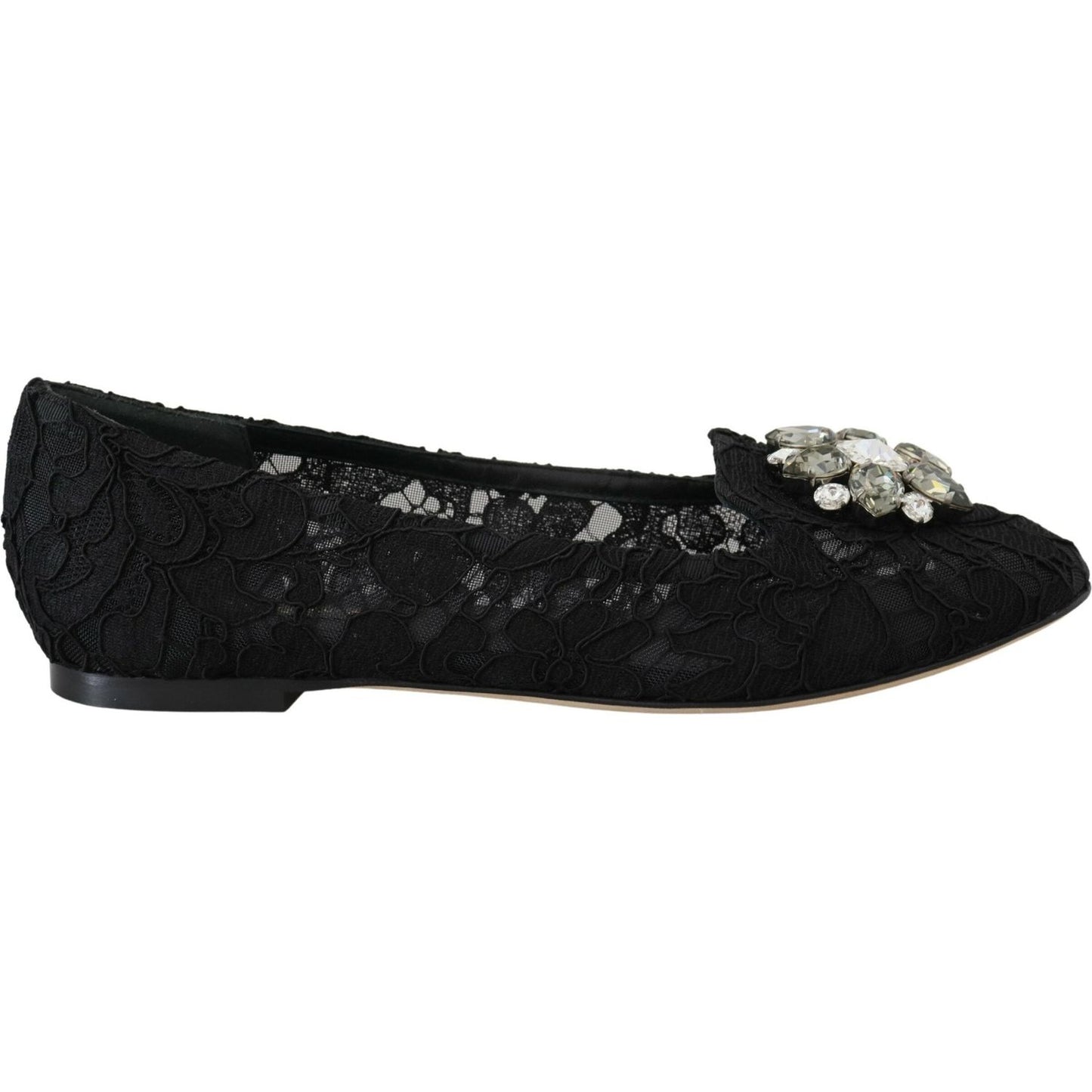 Dolce & Gabbana Black Taormina Lace Crystals Flats Shoes LA10200-35