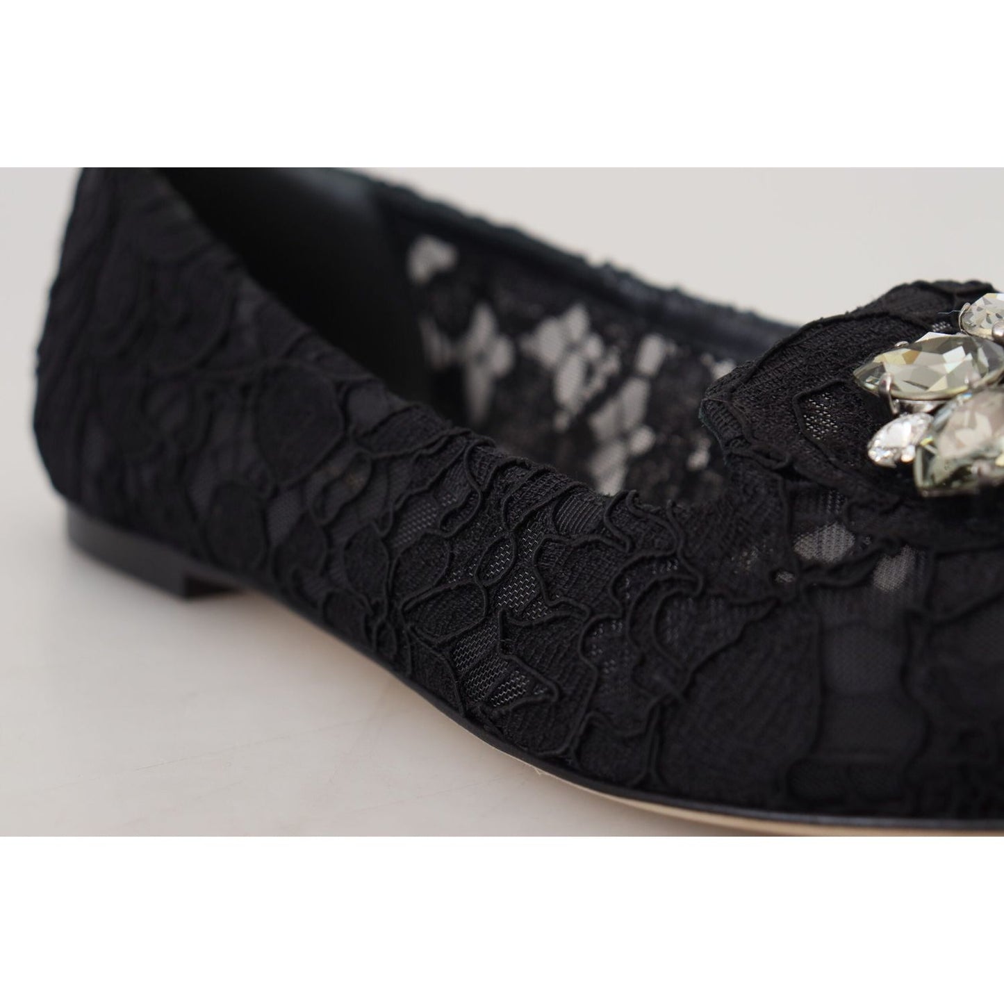 Dolce & Gabbana Black Taormina Lace Crystals Flats Shoes LA10200-35