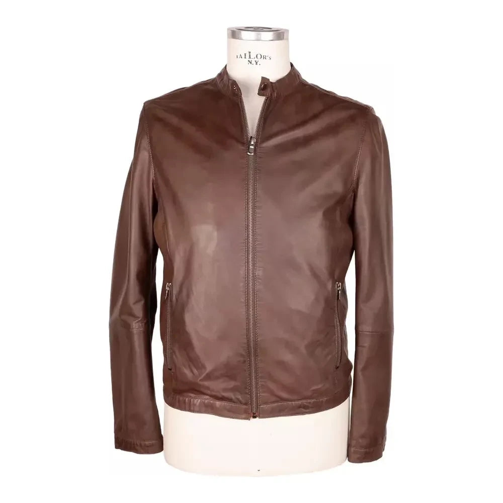 Emilio Romanelli Elegant Brown Leather Jacket with Snap Collar EM-3563-IT46 | S