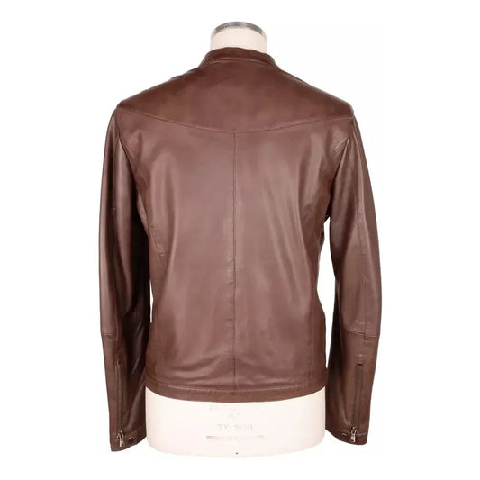 Emilio Romanelli Elegant Brown Leather Jacket with Snap Collar EM-3563-IT46 | S