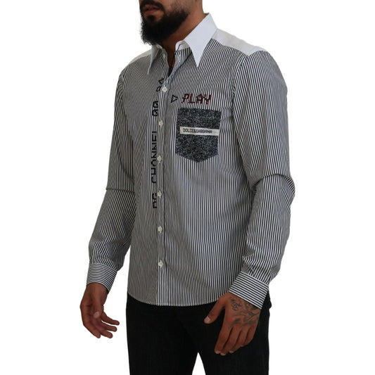 Dolce & Gabbana Black White Striped Printed Casual Cotton Shirt TSH83792-41