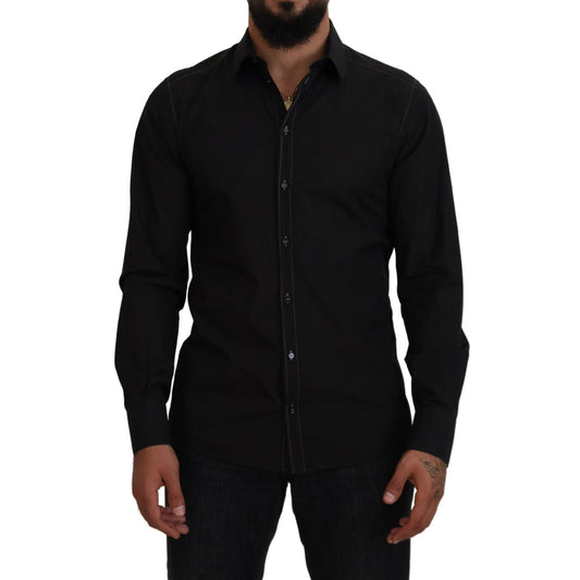 Dolce & Gabbana Black Cotton Collared Long Sleeve GOLD Shirt TSH83816-41