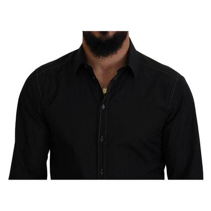 Dolce & Gabbana Black Cotton Collared Long Sleeve GOLD Shirt