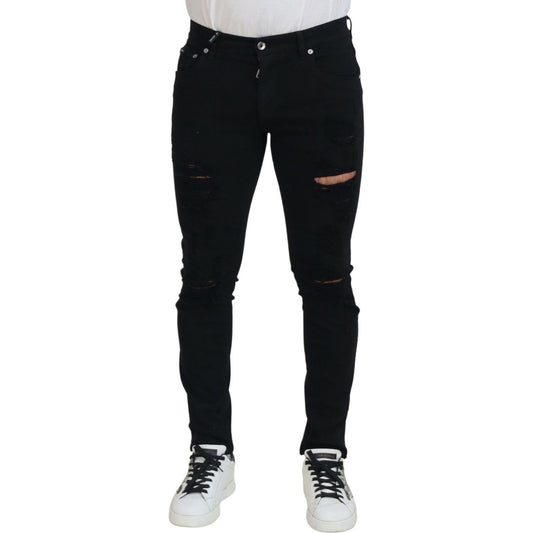 Dolce & Gabbana Black Slim Fit Tattered Denim Cotton Jeans PAN74218-48