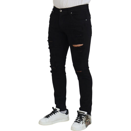 Dolce & Gabbana Black Slim Fit Tattered Denim Cotton Jeans PAN74218-48