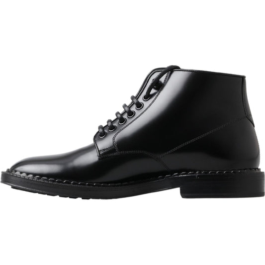 Dolce & Gabbana Black Leather Men Short Boots Lace Up Shoes MV5011-39