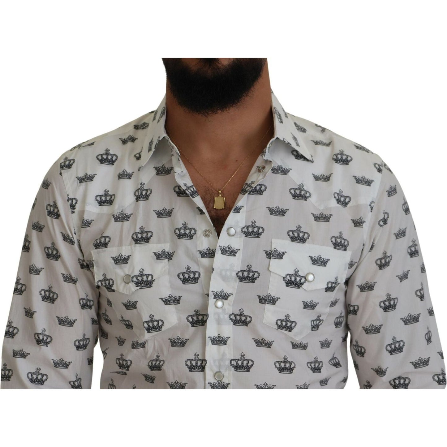 Dolce & Gabbana White Crown Print Slim Fit Cotton Shirt