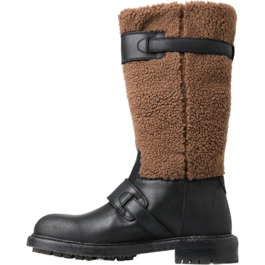 Dolce & Gabbana Black Leather Brown Shearling Boots MV5040- 39