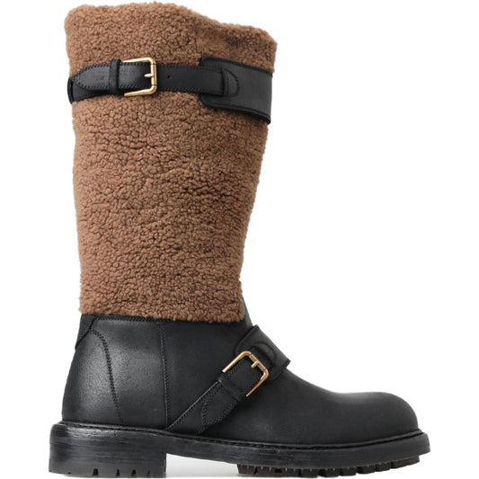 Dolce & Gabbana Black Leather Brown Shearling Boots MV5040- 39