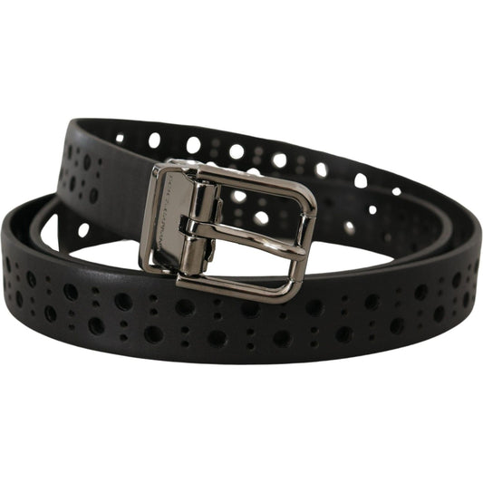 Dolce & Gabbana Black Calf Leather Perforated Metal Buckle Belt BEL8556- 90